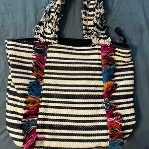 Multi-Color Striped and Fringe Zip Closed Tote Bag